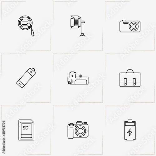 Phototechnique line icon set with memory card , battery grip and case
