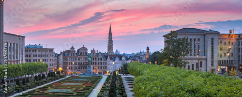 Panoramic view of Brussels City Hall and Mont des Arts area at sunset in Belgium  Brussels.