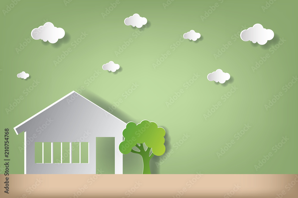 Fototapeta premium House vector illustration with earth day concept. Paper art and craft style.