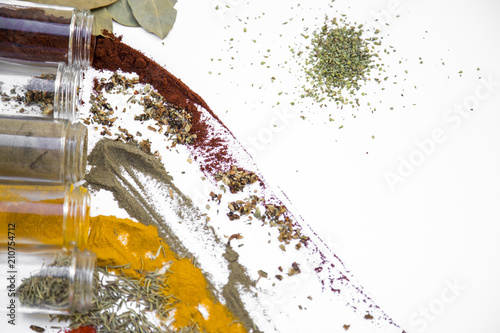 Various colorful spices on the table