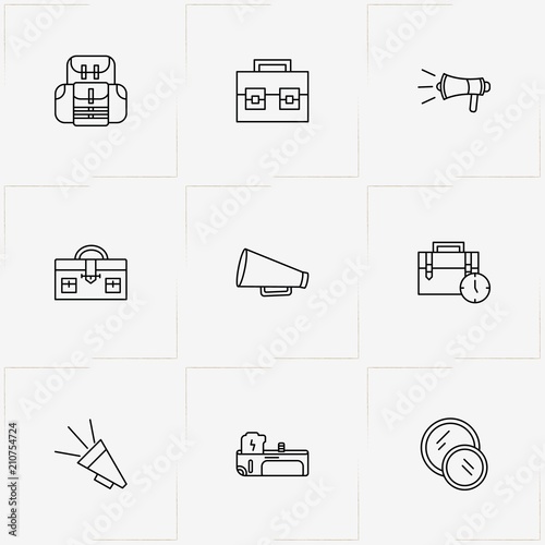 Phototechnique line icon set with battery grip, case and photo camera lens