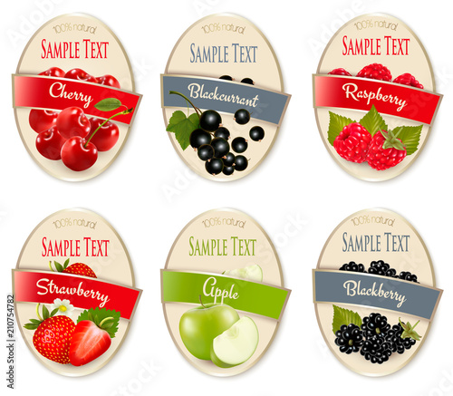 Set of labels of berries and fruit. Cherry, blackberry, raspberry, strawberry, apple, black currant. Vector.