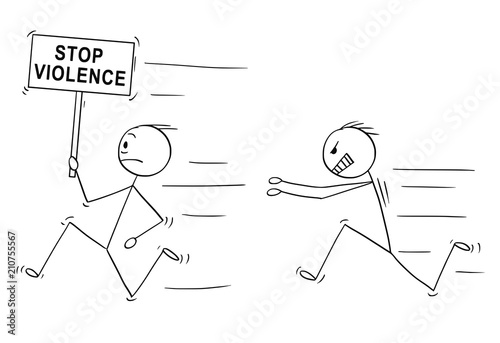 Cartoon stick drawing conceptual illustration of angry violent man chasing another man holding stop violence sign .