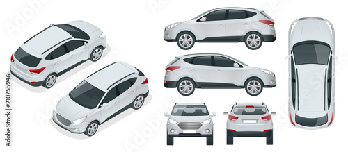 Car vector template on white background. Compact crossover, CUV, 5-door station wagon car. Template vector isolated. View isometric, front, rear, side, top.