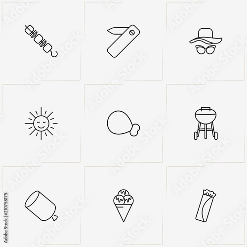 Picnic line icon set with barbecue , penknife and lady hat with spectacles