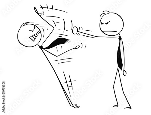 Cartoon stick drawing conceptual illustration of frustrated businessman ending another man's speech by punching him. Concept of frustration.