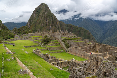 Machu Picchu and Huayna Picchu Mountain on a Cloudy Day