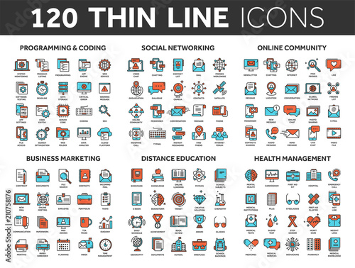 Programming,coding. Data management. Social network, computing. Information. Internet connection. Business marketing. School and education. Medicine. Thin line blue and red icons set. Stroke.