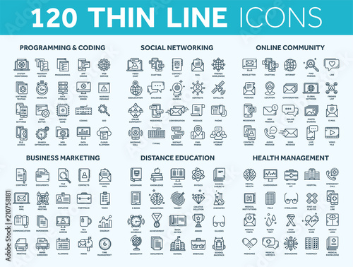 Programming,coding. Data management. Social network, computing. Information. Internet connection. Business marketing. School and education. Medicine. Thin line blue icons set. Stroke.