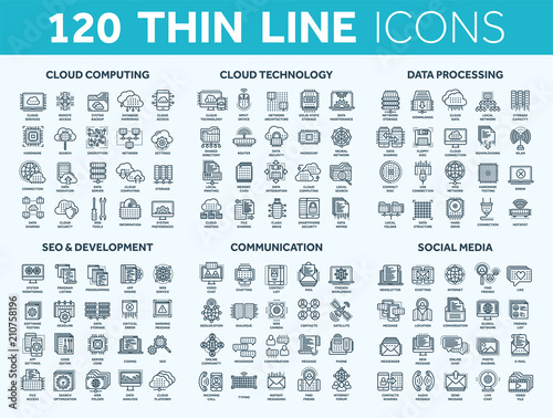 Cloud computing and technology.Data storage. Seo,development. Social network,communication. Internet connection. Email message. Thin line blue icons set. Stroke.
