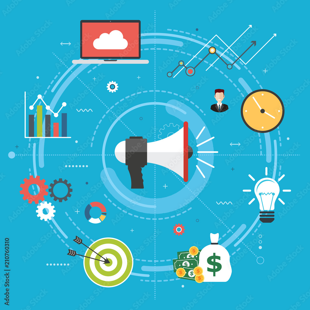 Fototapeta premium Management and strategy announcement and business growth.Notice or announcement, promotion a product and growth, service or event and business icons. Flat design vector illustration concept.