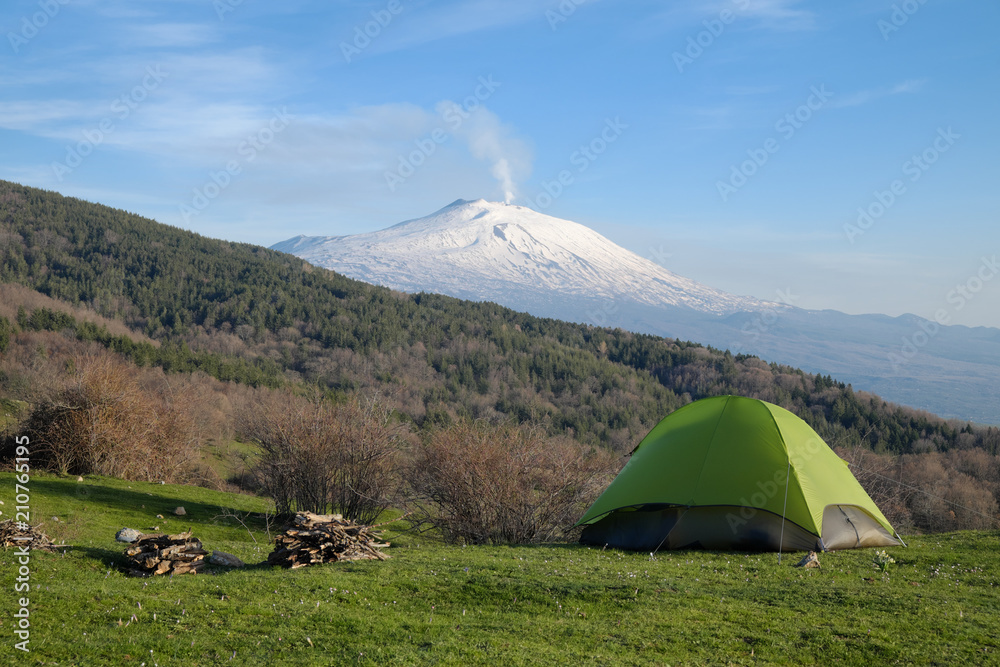 Green Tent On Meadow Of Nebrodi Park, Sicily