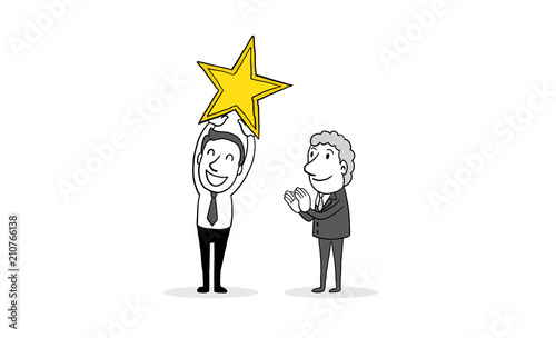 Employee hold a big gold star with hands clapping from big boss. business cartoon concept. isolated vector illustration outline hand drawn doodle line art cartoon design character.