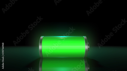 Green lithium battery recharge to power electric devices like cars and phones - 3D render graphic