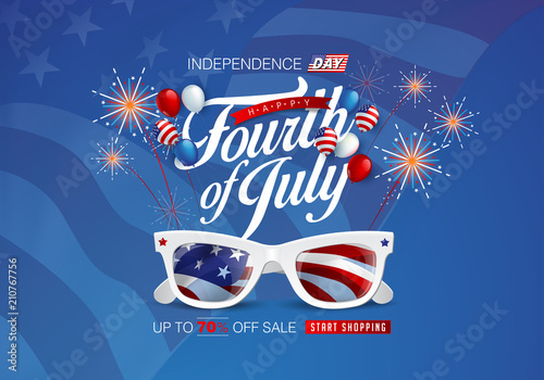 Independence day USA banner template american balloons flag and Colorful Fireworks decor.4th of July celebration poster template.fourth of july voucher discount.Vector illustration .