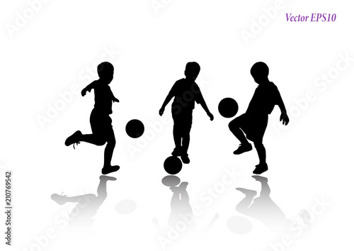 Set of child playing football at studio. Isolated on white background.
