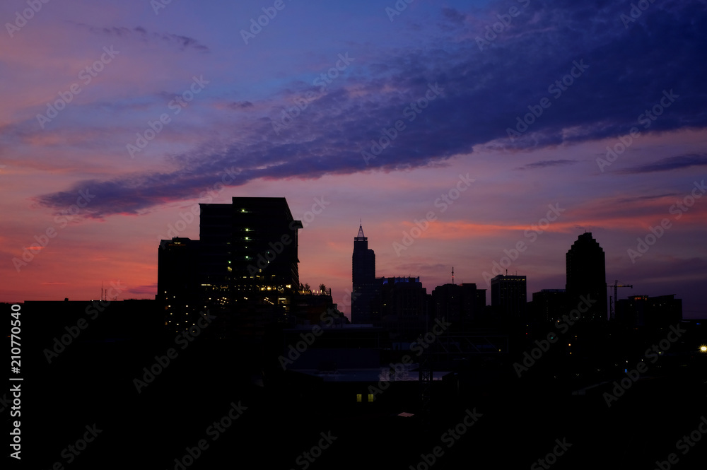 The skyline of Raleigh North Carolina backlit by the pink early morning twilight sky as viewed from Boylan Bridge