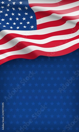 Closeup american flag on starry blue background. USA country day celebration flyer with space for text. Independence, freedom and patriotism vector concept. Patriotic card with waving american flag