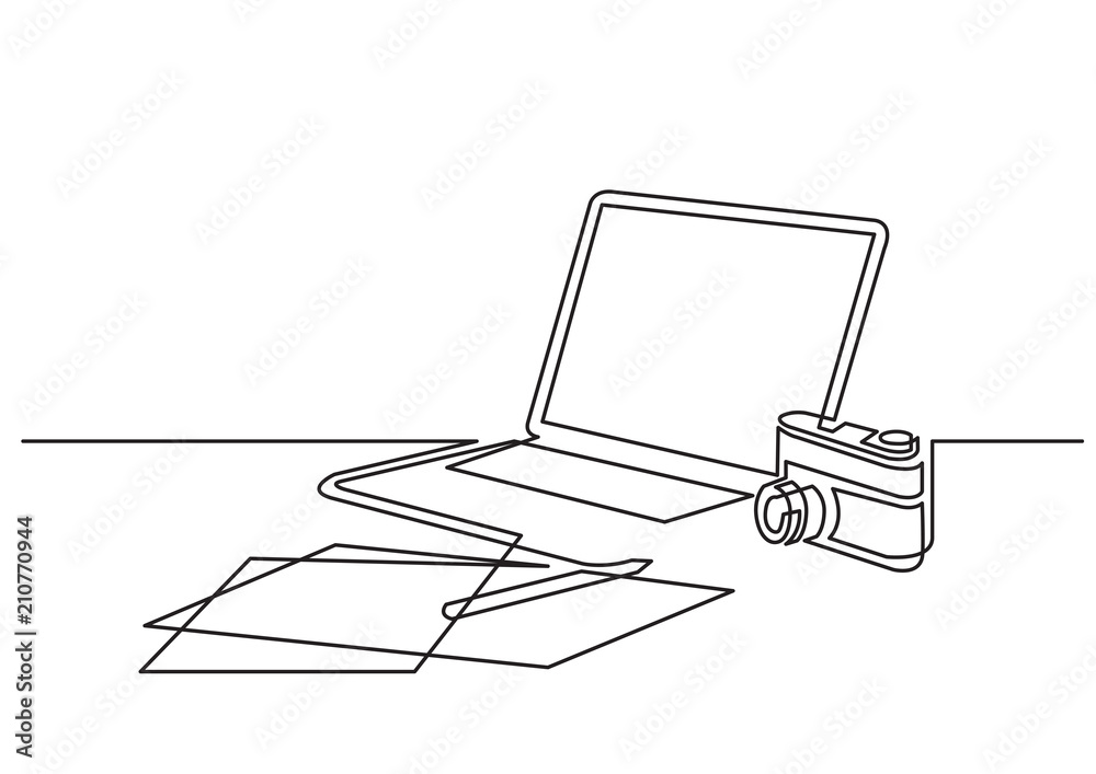 continuous line drawing of laptop computer notepad and photo camera Stock Vector Adobe Stock