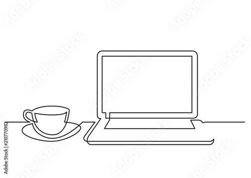 continuous line drawing of laptop computer cup of tea
