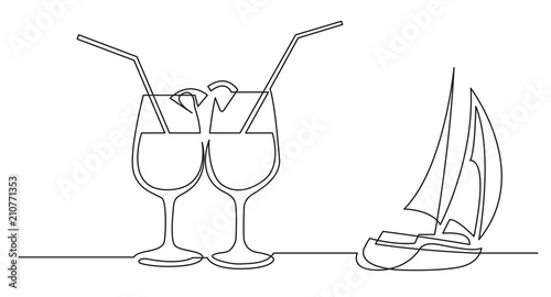 continuous line drawing of two cocktail drinks and sailing boat