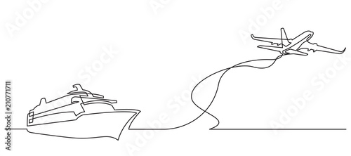 continuous line drawing of cruise ship and passenger airplane