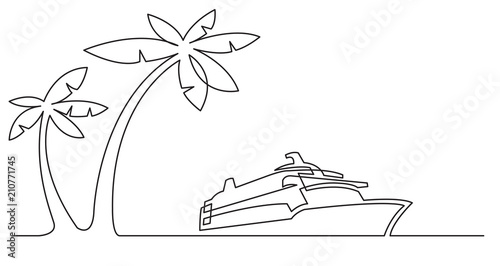 continuous line drawing of palm trees and cruise ship