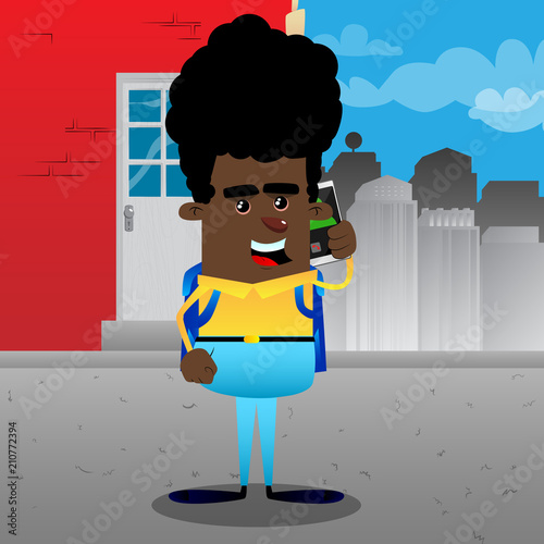 Schoolboy talking on cell phone. Vector cartoon character illustration.