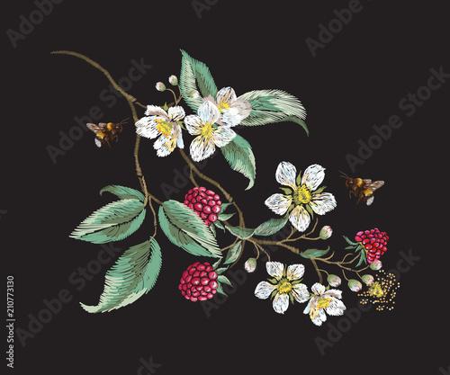 Embroidery floral traditional pattern with raspberries branch and bee. Vector embroidered bouquet with flowers for wearing design.