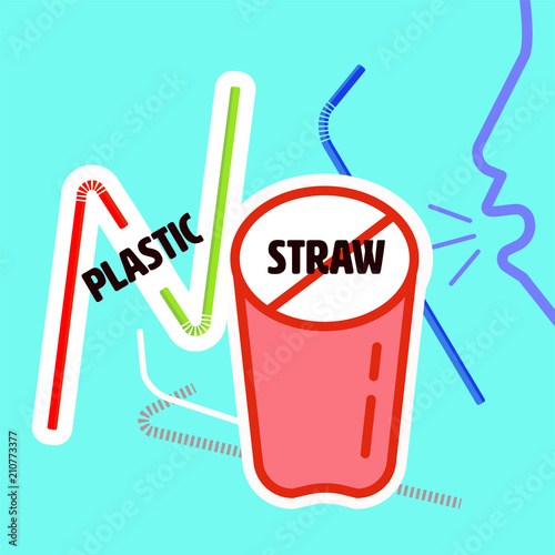 Plastic straw flat icon as a colorful gimmick to present say no typographic. Vector illustration.