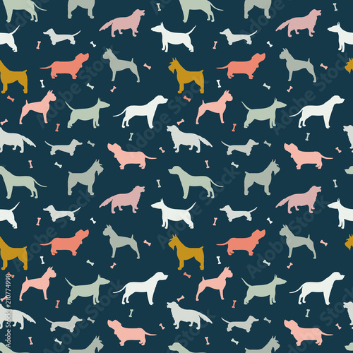 Seamless pattern with different dog breeds.