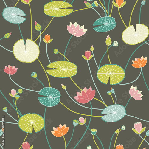 Stylized Water Lilies Pattern on a dark background