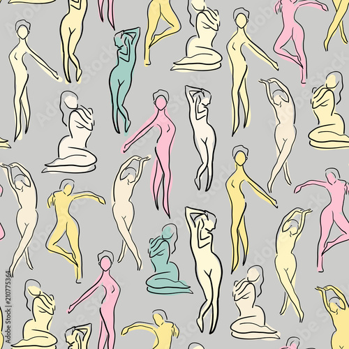 Seamless pattern with women silhouettes. female nude body pattern. sketch.