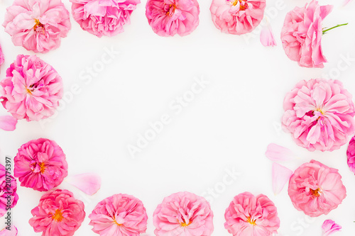 Frame made of pastel pink roses and petals on white background. Flat lay, top view. Flower pattern of pink flowers