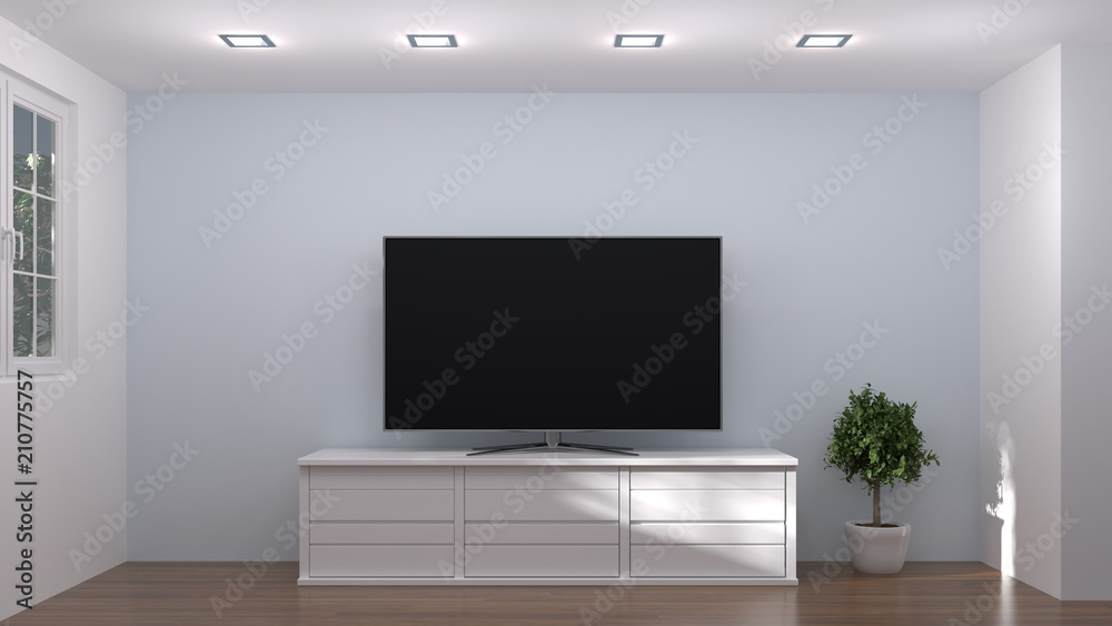 White wood modern TV cabinet in empty room interior background 3d  illustration home designs,shelves and books on the desk in front of empty  wall Stock Illustration | Adobe Stock