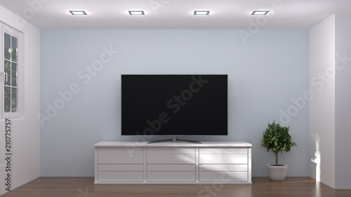 White wood modern TV cabinet in empty room interior background  3d illustration home designs shelves and books on the desk in front of  empty wall