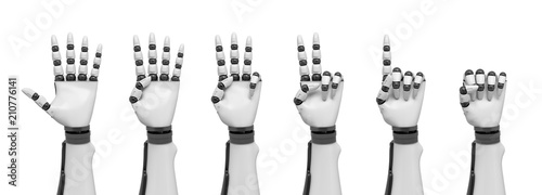 3d rendering of a set of robotic arms each showing a different number of pointed fingers.