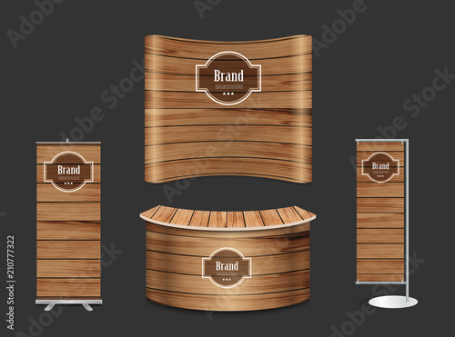 Blank trade show booth exhibition stand design mock up. Front view with wood texture background, Vector illustration layout template display for design work
