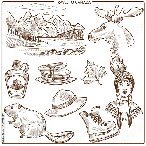 Canada travel tourism landmarks and culture symbols sketch. 
