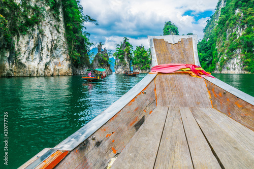 Wooden Thai boat on Ratchaprapha Dam at Khao Sok National Park