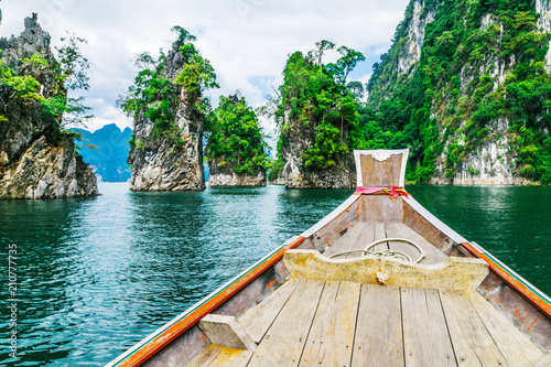 Wooden Thai boat on Ratchaprapha Dam at Khao Sok National Park