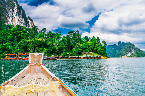 Wooden Thai boat on Ratchaprapha Dam at Khao Sok National Park
