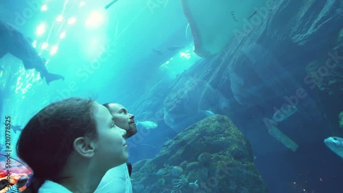 Teenage girl with Dad watching the fish in Aquarium stock footage video