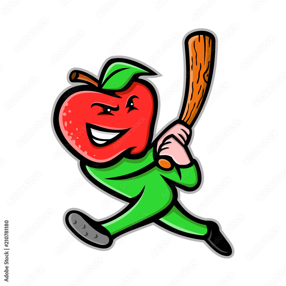 Fototapeta premium Mascot icon illustration of an apple, a sweet, edible fruit produced by apple trees, as baseball player batting with baseball bat viewed from side on isolated background in retro style.