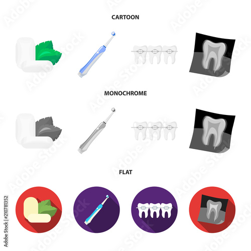 Mint chewing gum with mint leaves, toothbrush with bristles, bregettes with teeth, X-ray of the tooth. Dental care set collection icons in cartoon,flat,monochrome style vector symbol stock