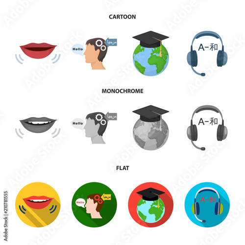 The mouth of the person speaking, the person head translating the text, the globe with the master cap, the headphones with the translation. Interpreter and translator set collection icons in cartoon