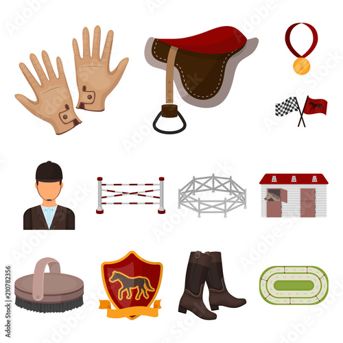 Hippodrome and horse cartoon icons in set collection for design. Horse Racing and Equipment vector symbol stock web illustration.