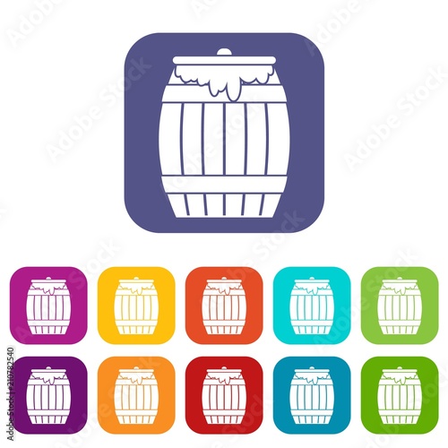 Honey keg icons set vector illustration in flat style in colors red, blue, green, and other