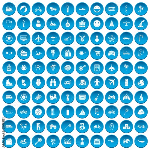 100 toys for kids icons set in blue circle isolated on white vector illustration