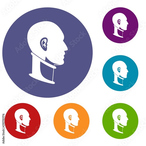 Cervical collar icons set in flat circle red, blue and green color for web